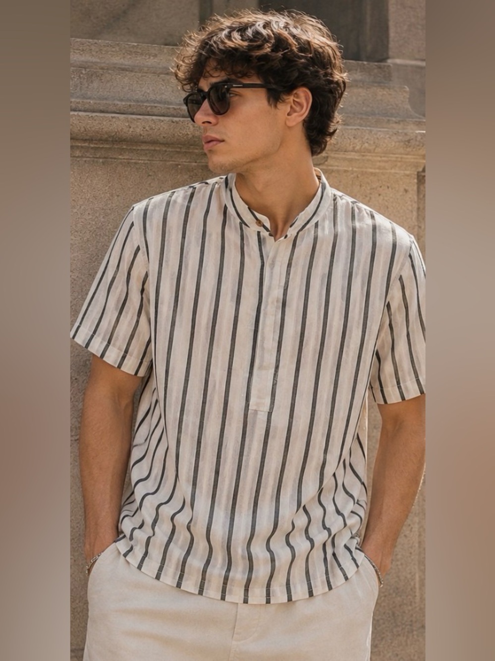 Grandfather collar white striped button down shirt